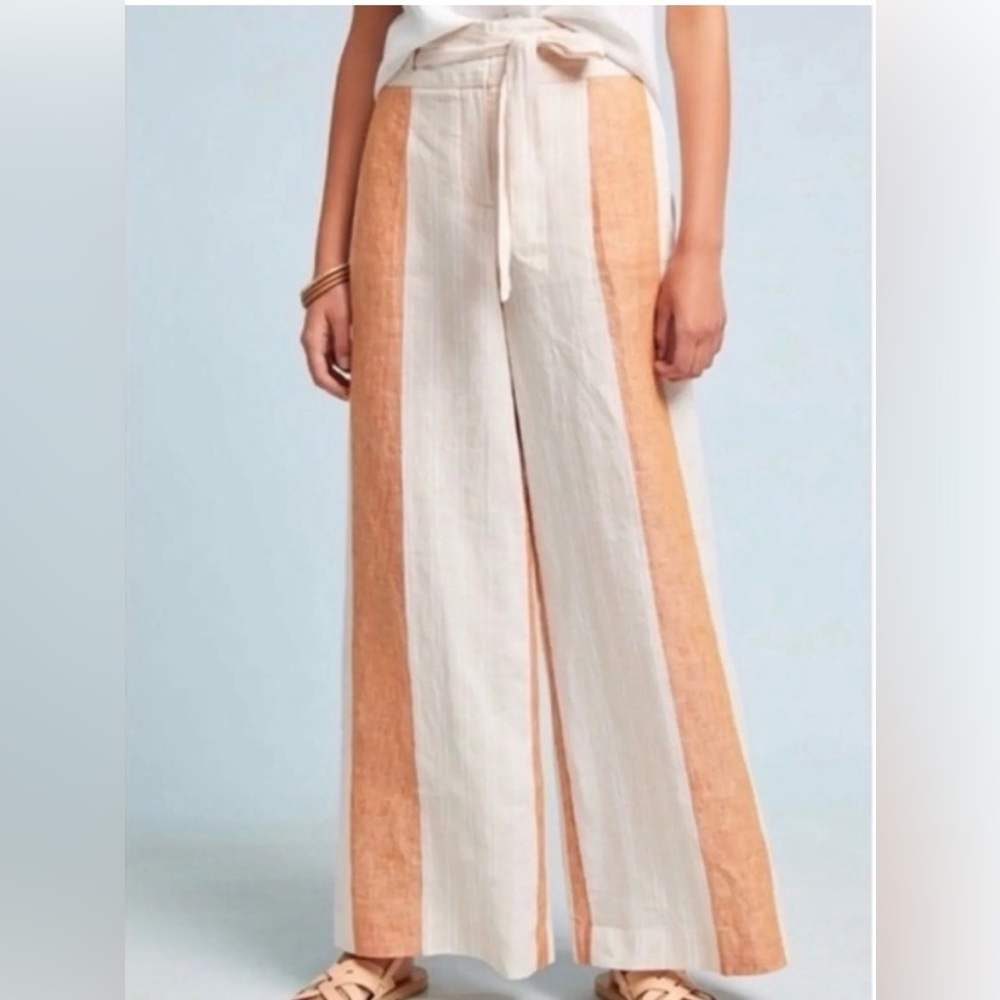Ett:twa by Anthropologie Linen Striped Tie Waist Wide Leg Pant  2 Boho Beach